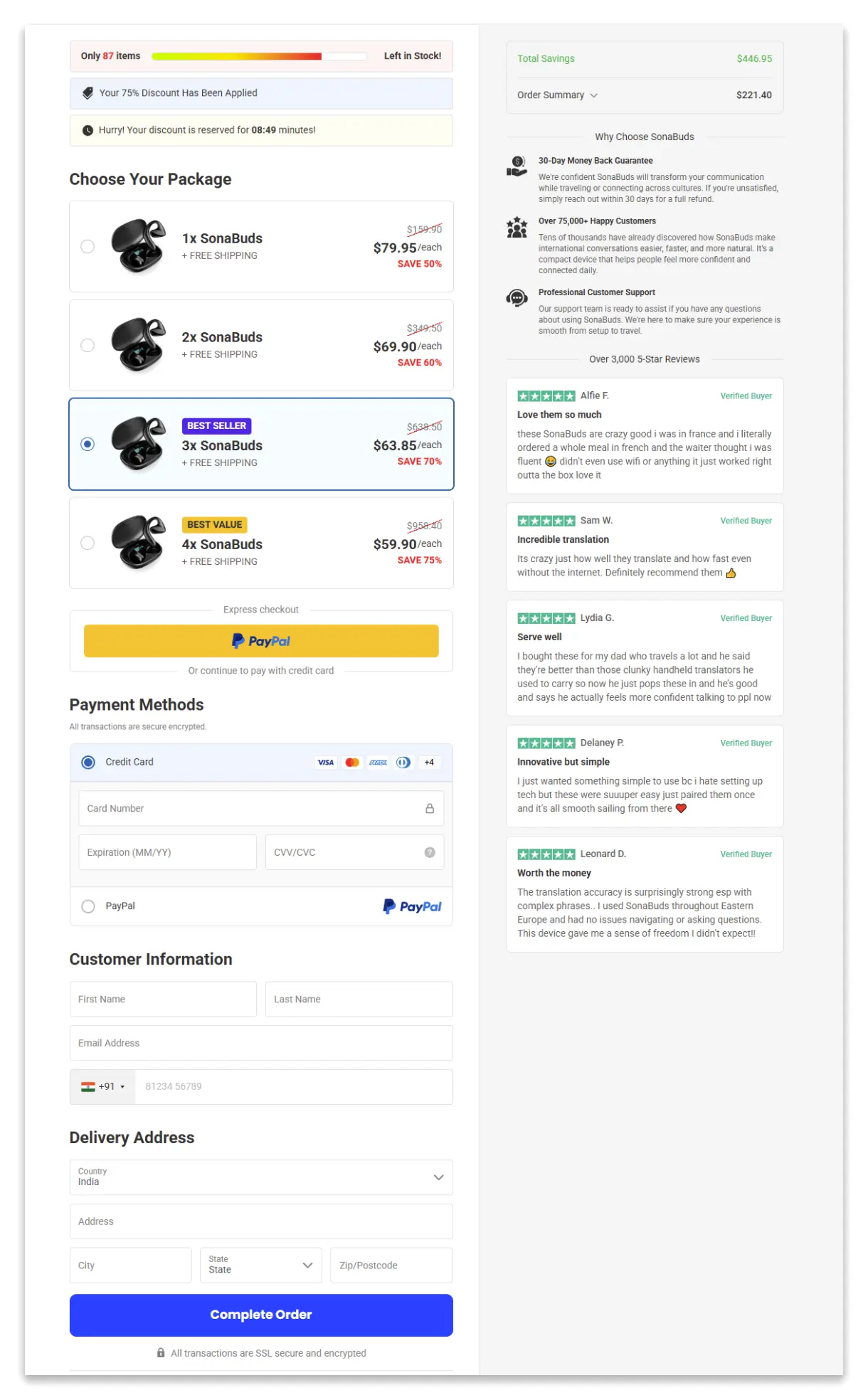 SonaBuds checkout page.